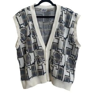 Vintage Lavané New York Geometric Sweater Vest V-Neck Button Front XL